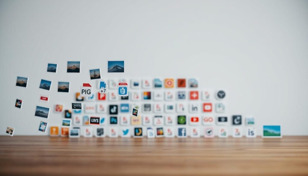 A detailed, high-resolution image showcasing a collection of diverse digital media assets. In the foreground, an elegant array of image thumbnails, icons, and file icons hover against a clean, minimalist backdrop. The middle ground features a grid of various media file types, including JPEGs, PNGs, MP4s, and SVGs, all carefully organized and presented. In the background, a subtle gradient or bokeh effect creates a sense of depth and focus, drawing the viewer's attention to the central elements. Excellent lighting and crisp, detailed textures convey a professional, technology-driven atmosphere. The overall composition emphasizes the importance of optimizing digital assets for online visibility and user engagement.