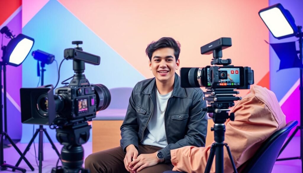 A dynamic, social media-inspired scene of an influential TikTok influencer creating captivating content. In the foreground, a young, stylishly dressed creator sits before a professional-grade camera, their expression animated and engaging. Behind them, an array of modern technological devices, including a laptop, smartphone, and lighting equipment, set the stage for a high-production video. The background features a minimalist, visually striking backdrop, with bold colors and geometric patterns that amplify the digital, online aesthetic. The overall atmosphere conveys a sense of energy, innovation, and the power of social media to captivate audiences.