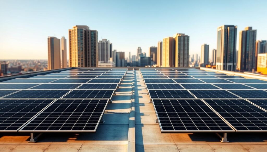 A modern, commercial model of a solar panel array, arranged in a grid layout on a rooftop. The panels are sleek, minimalist, and arranged in a symmetrical pattern, casting long shadows across the rooftop. The lighting is warm and golden, creating a sense of productivity and efficiency. The background features a cityscape, with tall buildings and a clear blue sky, emphasizing the urban setting. The overall scene conveys a professional, high-tech, and forward-thinking approach to renewable energy solutions.