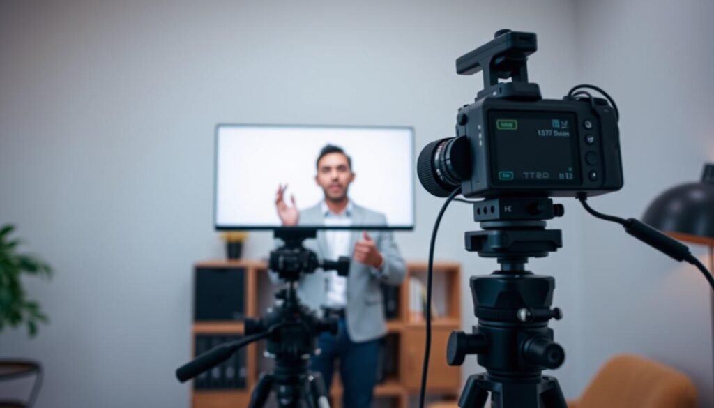 A modern, professional livestream setup with a sleek, minimalist design. A high-end camera mounted on a sturdy tripod, capturing a well-lit presenter in a minimalist home office. The presenter is engaged, gesturing enthusiastically as they deliver their message. The background features a simple, uncluttered bookshelf or wall, creating a clean, focused frame. Soft, diffused lighting illuminates the scene, evoking a sense of authority and professionalism. The overall atmosphere is one of a polished, high-quality livestream that captures the viewer's attention.