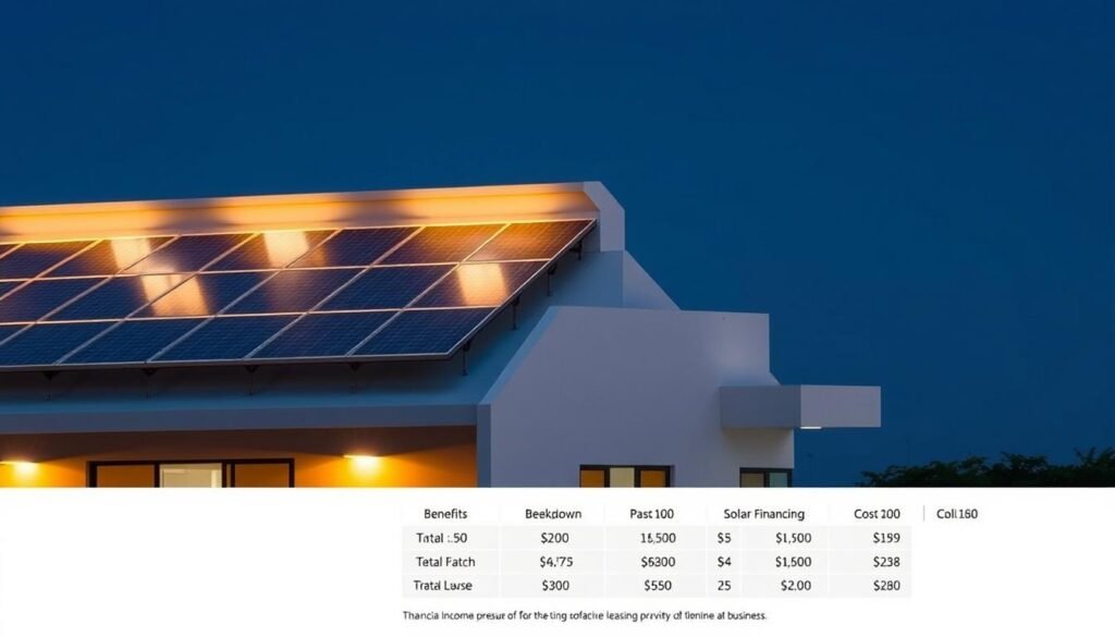 A sleek and modern rooftop solar leasing model, with a clean and minimalist design. The panel array is neatly arranged, casting long shadows on the building's facade, illuminated by warm, directional lighting. In the foreground, a clear financial breakdown highlights the key benefits and costs associated with this solar financing option, presented in a professional and informative manner. The overall atmosphere conveys a sense of efficiency, sustainability, and a promising passive income opportunity for Indonesian homeowners and businesses.