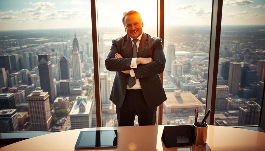 A wealthy businessman in a well-fitted suit stands confidently, his arms crossed, gazing out over a sprawling cityscape from a high-rise office. Sunlight streams through the large windows, casting a warm, authoritative glow. In the foreground, a sleek, modern desk with a tablet and a pen cup conveys a sense of power and control. The background is a panoramic view of the city, with towering skyscrapers and a bustling urban landscape, hinting at the scope of the businessman's influence and ownership. The overall scene radiates a sense of success, authority, and the tangible rewards of hard work and ambition.