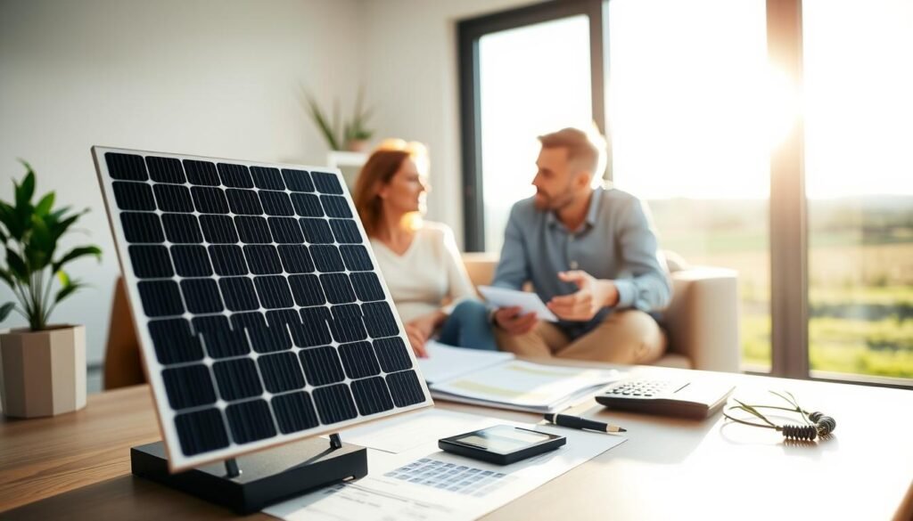 A well-lit interior scene with a central focus on a home solar energy system. In the foreground, a model of a solar panel array stands on a table, surrounded by documents and a calculator - signifying the gradual acquisition of this asset. The middle ground features a family sitting together, discussing the panel's financial implications and ownership options. In the background, a large window looks out onto a sun-drenched landscape, emphasizing the renewable energy theme. The overall mood is one of thoughtful consideration and a sense of ownership over this clean energy solution.