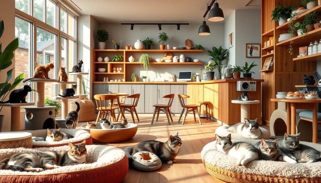 An interior scene of a cozy pet hotel and cat cafe hybrid. The foreground features a group of domestic cats lounging on plush beds, perched on cat trees, and playing with interactive toys. The middle ground showcases the cafe area, with wooden tables, chairs, and a counter where customers can order coffee and pastries. The background depicts large windows allowing natural light to flood the space, potted plants, and shelves displaying pet accessories and supplies. The lighting is warm and inviting, creating a relaxed, homey atmosphere. The overall composition emphasizes the harmonious fusion of a pet-friendly environment and a charming cafe setting.