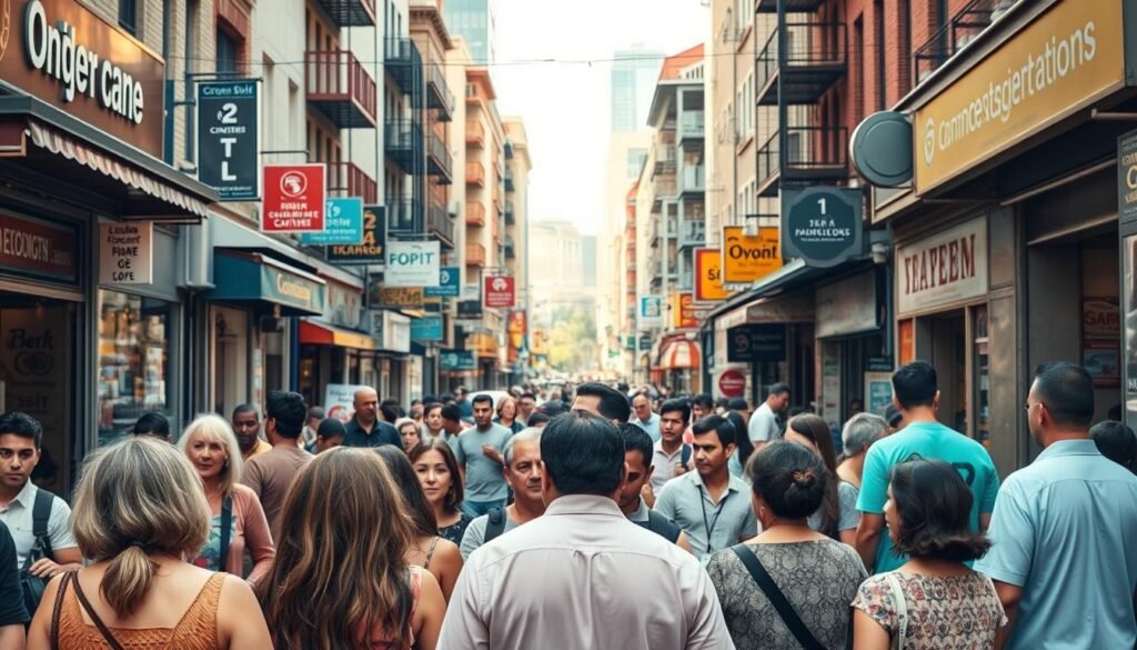 A bustling city street with a diverse array of local businesses and community members. In the foreground, a group of people engaged in lively conversation, representing the target audience. The middle ground showcases a mix of storefronts, signage, and street-level activity, hinting at the local ecosystem. In the background, a blend of modern and traditional architecture creates a vibrant, energetic atmosphere. The lighting is warm and inviting, casting a soft glow over the scene. The overall composition conveys a sense of community, connection, and the potential for targeted local outreach and engagement.