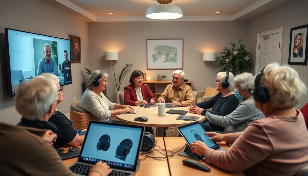 A cozy, well-lit classroom setting in a modern digital learning center, with older adults enthusiastically engaged in an online video call on large screens. The foreground features an array of senior-friendly tech devices and peripherals, like touchscreen tablets, ergonomic keyboards, and noise-cancelling headphones. In the middle ground, the learners sit around a circular table, their faces animated as they interact with the virtual instructor. The background depicts a soothing, neutral-toned interior with tasteful decor elements that create a welcoming, non-institutional ambiance. Gentle, natural lighting casts a warm glow, and the overall scene conveys a sense of connection, curiosity, and a spirit of lifelong learning.