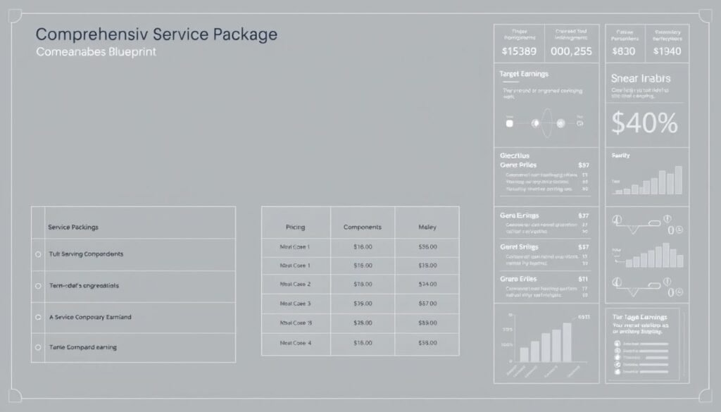 A detailed blueprint of a comprehensive service package, showcasing its scope, pricing model, and target earnings. The blueprint is rendered in a muted, technical color palette, with clean lines and geometric shapes. The foreground features a modular grid layout outlining the service components, while the middle ground depicts a pricing table with tiered options. The background subtly displays target earnings and performance metrics, suggesting the financial potential of the offering. The overall composition conveys a sense of professionalism, efficiency, and strategic planning, befitting the article's subject matter.