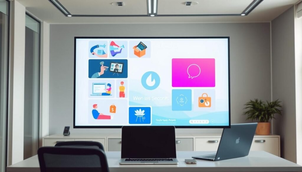 A dynamic business presentation with a clean, modern aesthetic. The frame is set in a well-lit office space, featuring a large monitor displaying a short video format of 15-60 seconds. The video showcases various product shots, animated graphics, and a minimalist logo, all with a vibrant, colorful palette. The foreground highlights the video content, while the middle ground includes a sleek desk setup with a laptop and mobile device. The background subtly suggests a successful, tech-savvy small business environment. The overall mood conveys professionalism, innovation, and the potential for impactful customer engagement through this emerging video format.