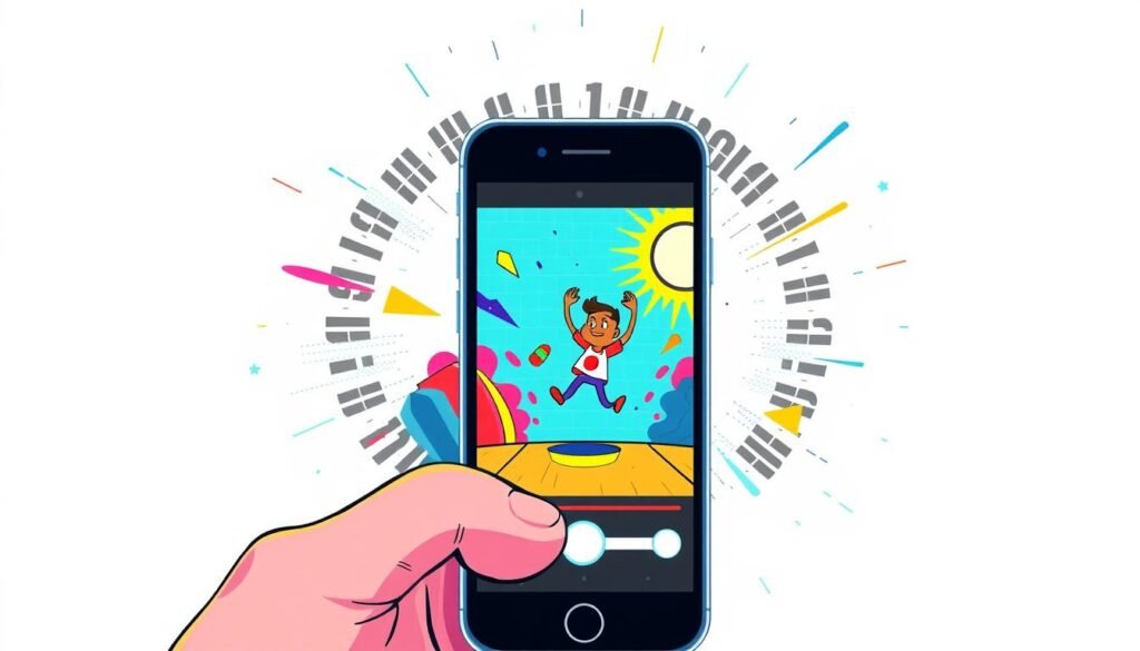 A dynamic, vibrant illustration showcasing the key elements of "Creative Playbook 30 Seconds". In the foreground, a smartphone display captivates the viewer, featuring a engaging vertical video with bold, eye-catching visuals. The middle ground is occupied by a playful, animated character embodying the spirit of creativity and storytelling. Vibrant colors, dynamic motion, and a sense of energy pervade the scene. In the background, a minimalist, abstract pattern creates a visually striking and modern backdrop. The overall composition conveys a sense of excitement, innovation, and the potential of short-form video content for businesses.