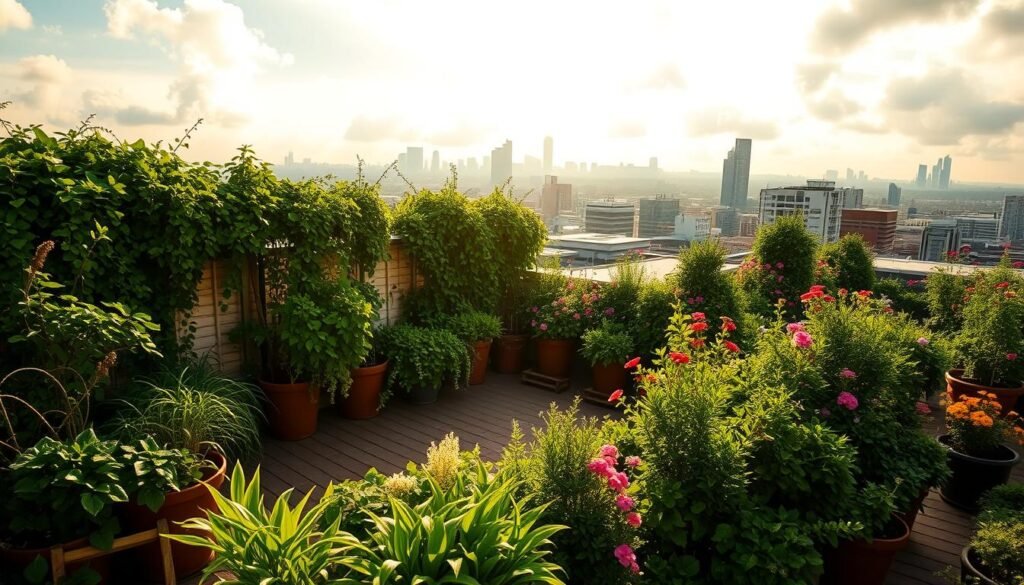 A lush, vibrant rooftop garden filled with thriving greenery and colorful blooms. The scene is bathed in warm, golden sunlight filtering through wispy clouds, creating a serene and tranquil atmosphere. In the foreground, a variety of potted plants, cascading vines, and neatly trimmed hedges create a visually appealing landscape. The middle ground features a wooden deck or patio area, surrounded by planters overflowing with a diverse array of flowers and herbs. In the background, the cityscape is visible, with buildings and skyscrapers providing a striking contrast to the lush oasis above. The overall composition conveys a sense of urban retreat, where nature and modern living coexist in harmony.