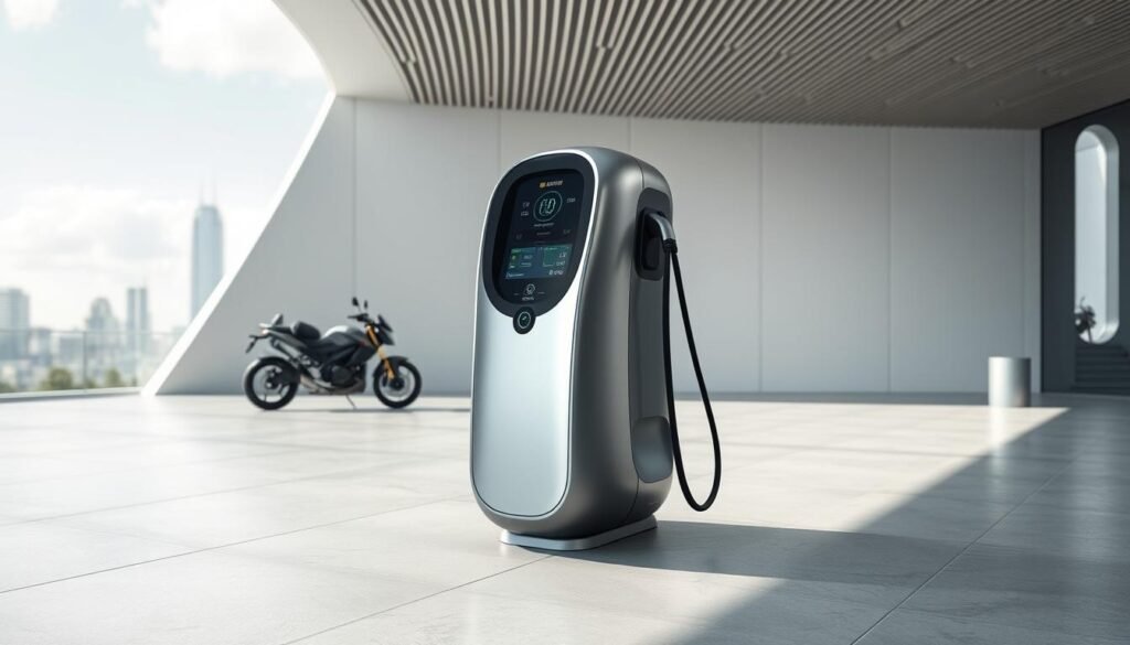 A modern, sleek electric motorcycle charger station in a minimalist, futuristic setting. The charger is centrally positioned, its metallic surface gleaming under a soft, diffused lighting. Smooth, curved lines and an intuitive interface convey a sense of advanced technology and user-friendliness. The background features a clean, urban landscape with architectural elements hinting at a sustainable, electric-powered future. The overall atmosphere is one of efficiency, innovation, and the seamless integration of electric mobility into the urban environment.
