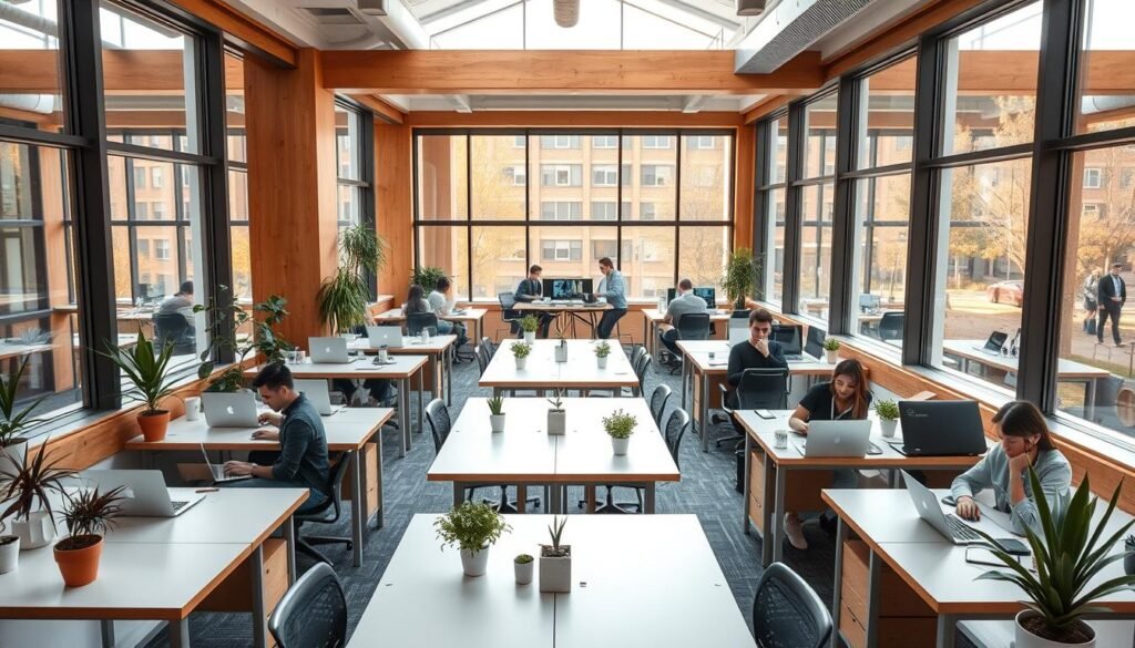 A modern, well-lit coworking space nestled within a vibrant university campus. Sleek and minimalist desks are arranged in an open-plan layout, encouraging collaboration and idea-sharing. Potted plants and natural wood accents create a cozy, productive atmosphere. Expansive windows flood the space with warm, natural light, blending the indoor and outdoor environments. Students and young professionals work diligently, laptops open, drawing inspiration from the bustling campus energy. A sense of innovation and possibility permeates the space, hinting at the transformative potential of this campus-based coworking facility.