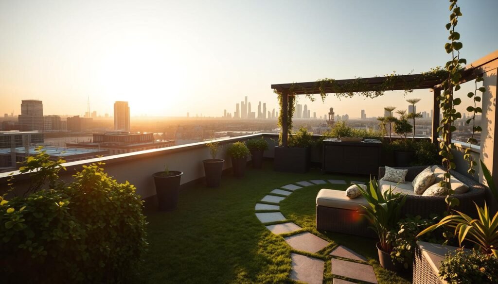 A neatly landscaped rooftop oasis, bathed in warm golden light from the setting sun. Lush greenery spills over the edges, with cascading vines and potted plants strategically arranged for a harmonious visual flow. A winding stone path leads to a cozy seating area, where wicker furniture and plush cushions invite relaxation. Overhead, a pergola casts delicate shadows, creating an intimate, garden-like ambiance. In the distance, the city skyline provides a stunning backdrop, the contrast between urban and natural elements heightening the sense of tranquility. The entire scene radiates a serene, inviting atmosphere, capturing the essence of a modern, well-designed rooftop garden.