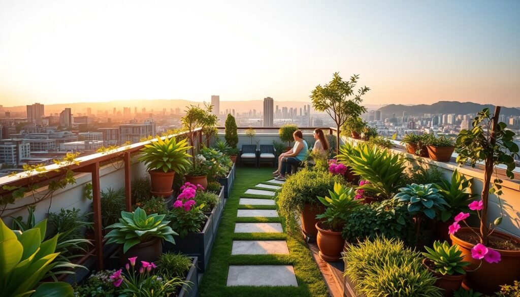 A neatly manicured rooftop garden, with lush greenery, vibrant flowers, and a serene ambiance. The foreground features a variety of potted plants, strategically arranged to create a harmonious composition. In the middle ground, a winding path leads to a cozy seating area, where people can relax and enjoy the tranquil atmosphere. The background showcases the cityscape, with skyscrapers and distant hills, providing a stunning contrast to the oasis-like setting. Warm, natural lighting casts a golden glow over the scene, capturing the inviting and serene mood. The overall composition emphasizes the seamless integration of nature and urban living, creating a visually appealing and peaceful rooftop retreat.