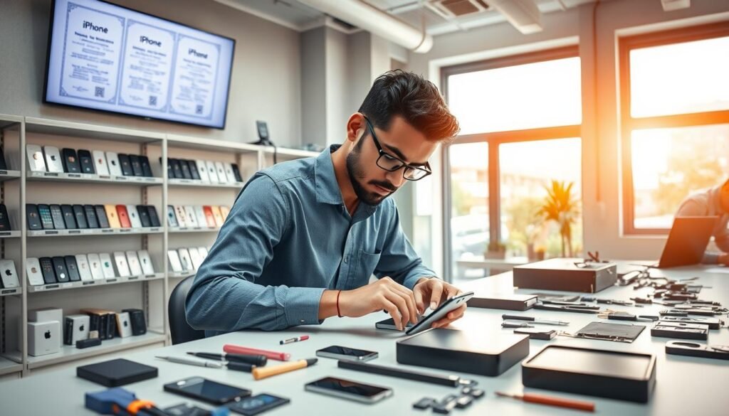 A professional and modern iPhone Mini service center interior, showcasing a bright, well-organized workspace. In the foreground, a technician in smart casual attire is carefully inspecting an iPhone Mini on a workbench, surrounded by essential tools like screwdrivers, screens, and parts. The middle ground features shelves lined with various iPhone models and repair kits, while a digital display screen shows legal documents for business licensing and permits, emphasizing legality. In the background, large windows let in warm, natural light, enhancing the welcoming atmosphere. The overall mood is focused and industrious, capturing the essence of professionalism and trust in a technology service environment.