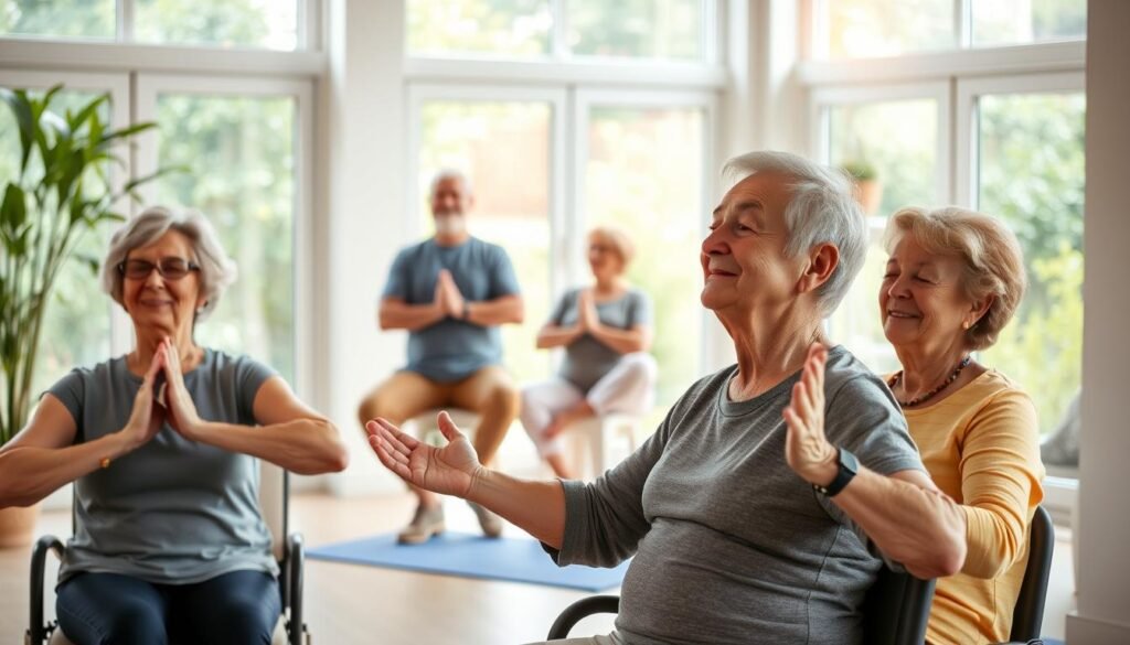 A serene indoor scene showcasing active seniors engaged in various wellness activities. In the foreground, a group of seniors gracefully performing chair yoga poses, their faces radiant with calm focus. In the middle ground, a pair of seniors participating in a guided meditation session, eyes closed and bodies relaxed. The background features an airy, well-lit studio space with large windows overlooking a lush, verdant garden. Warm, natural lighting bathes the scene, creating a soothing, inviting atmosphere. The seniors' expressions convey a sense of contentment, inner peace, and a vibrant zest for life. The overall composition emphasizes the holistic well-being and thriving nature of this active, health-conscious senior community.