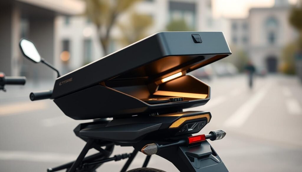 A sleek, modern electric motorcycle storage box, designed to seamlessly integrate with the rear rack. The box features a minimalist, angular design with a matte black finish, complementing the clean lines of the electric bike. Crisp, directional lighting illuminates the interior, revealing ample storage space for commuter essentials. Smooth, high-quality hinges and a secure locking mechanism provide both convenience and peace of mind. The box is positioned at a slight angle, highlighting its aerodynamic form and suggesting a sense of speed and efficiency. The background is a softly blurred urban landscape, hinting at the box's intended use in a metropolitan setting.