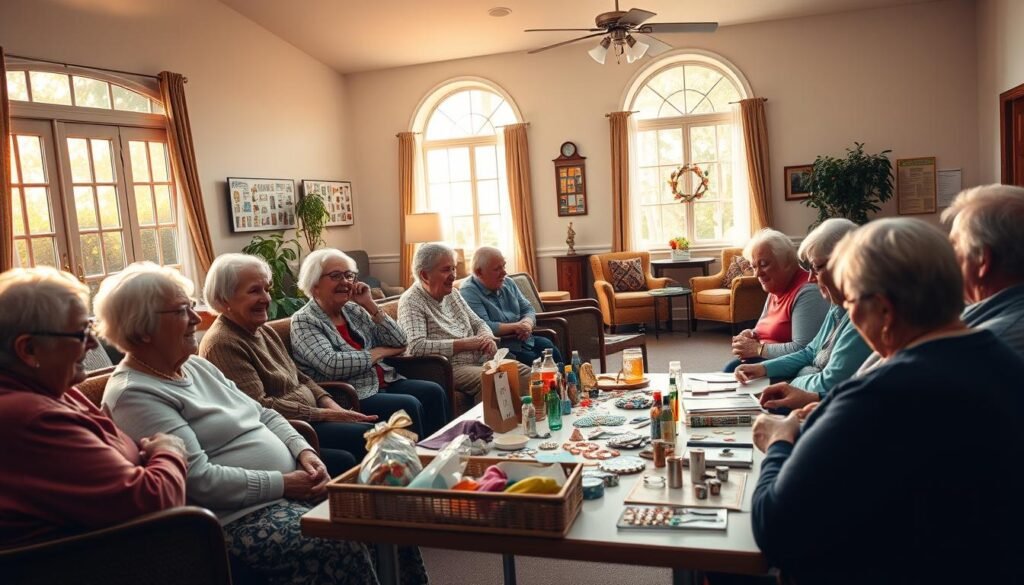 A tranquil senior community center, illuminated by warm natural light streaming through large windows. In the foreground, a group of seniors enthusiastically engaged in a micro-entrepreneurship workshop, their faces alight with curiosity and determination. The middle ground features a display of handcrafted products, showcasing their burgeoning business ideas. Surrounding them, the background depicts a cozy, inviting space with comfortable seating areas and informative posters, suggesting a nurturing environment for these budding entrepreneurs to thrive. The overall atmosphere conveys a sense of empowerment, as these seniors explore new avenues for self-employment and financial independence.