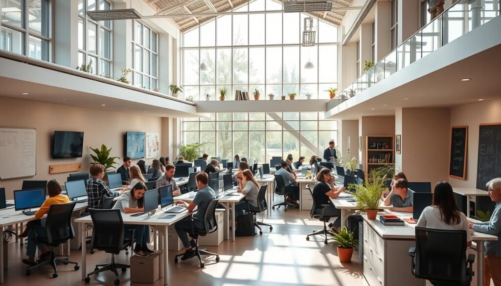 A vibrant coworking space nestled within a bustling university campus. Clusters of modern, ergonomic desks and chairs arranged in an open, airy layout. Abundant natural light streams in through floor-to-ceiling windows, casting a warm, productive glow. Sleek whiteboards and digital displays adorn the walls, facilitating collaborative brainstorming sessions. Potted plants and chalkboard accents lend a touch of organic charm. Young, ambitious students and professionals engage in focused work and lively discussions, fueled by the energy of the space. A sense of possibility and innovation permeates the atmosphere, inspiring the next generation of entrepreneurs and changemakers.