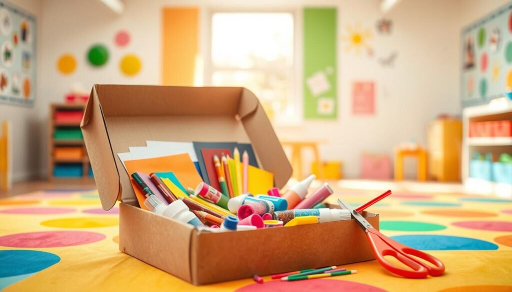A vibrant subscription box filled with arts and crafts supplies for children, sitting on a colorful, playful background. In the foreground, the box is open, revealing an assortment of materials: colorful papers, glitter, glue, paints, and child-friendly scissors, all neatly arranged. In the middle, a cheerful classroom environment is visible, with a large window letting in warm, natural light, highlighting the textures of the craft materials. The background features playful wall decorations, like drawings and posters that inspire creativity. The atmosphere is joyful and inviting, emphasizing creativity and exploration for children. The lighting is bright and airy, creating an uplifting mood, with a slight focus depth to bring attention to the box and its contents. No people are present in the scene.