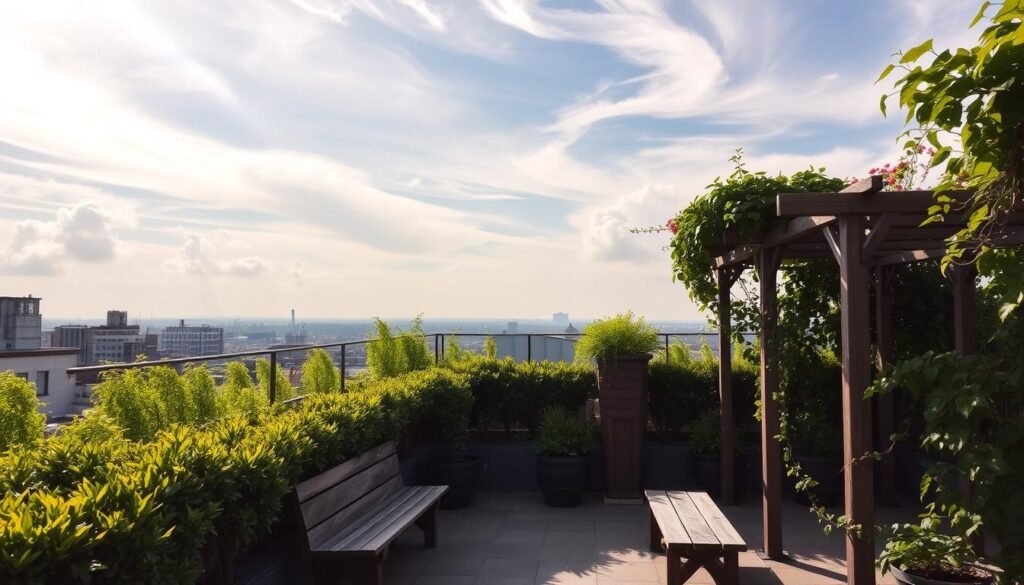 A well-maintained rooftop garden, with lush, vibrant greenery cascading over the edges. Sunlight filters through wispy clouds, casting a warm, natural glow. Neatly pruned shrubs and carefully tended flower beds line the perimeter, creating a sense of order and tranquility. In the foreground, a small seating area with weathered, wooden benches invites relaxation, while sturdy trellises support climbing vines, adding depth and texture to the scene. The overall impression is one of a meticulously cared for, resilient oasis - a sanctuary high above the bustling city below, built to withstand the elements and provide a serene escape for its inhabitants.