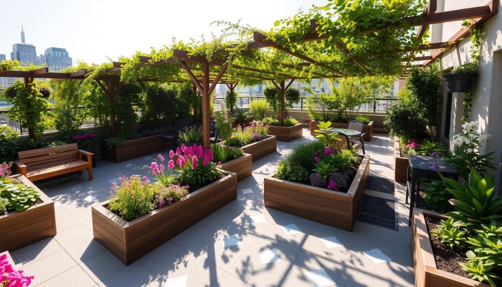 Lush rooftop garden with vibrant greenery, blooming flowers, and neatly arranged planter beds. Sunlight streams through overhead trellises, casting warm, gentle shadows. Wooden benches and outdoor furniture invite relaxation, while hidden irrigation and drainage systems ensure efficient watering. Geometric patterns in the paving tiles complement the organic shapes of the plants. A serene oasis of nature amidst the urban landscape, designed to be both functional and visually stunning.