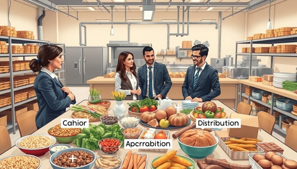 A detailed and informative illustration of food production cost components in a professional business setting. In the foreground, a diverse group of three individuals wearing business casual attire are engaged in a discussion around a large table filled with ingredients such as grains, vegetables, and proteins. The middle ground features clear labels and icons representing various cost factors: raw materials, labor, overhead, and distribution, arranged visually around the table. In the background, a well-organized kitchen and production area can be seen, with soft, natural lighting illuminating the workspace, creating a productive and focused atmosphere. The angle is slightly above eye level, providing a comprehensive view of the scene while maintaining a professional feel.