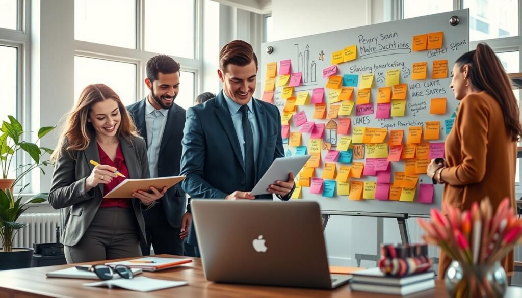 A vibrant and dynamic workspace scene depicting a diverse group of professionals brainstorm marketing strategies for a creative product. In the foreground, a woman in smart casual attire sketches on a notepad, while a man in a tailored suit analyzes charts on a laptop. The middle ground showcases a large sticky note board filled with colorful ideas and marketing slogans. In the background, bright windows let in natural light, illuminating the room's modern decor. The atmosphere is collaborative and energetic, emphasizing teamwork and innovation. The image conveys a focus on effective positioning strategies for handmade products, inspiring creativity and professionalism.