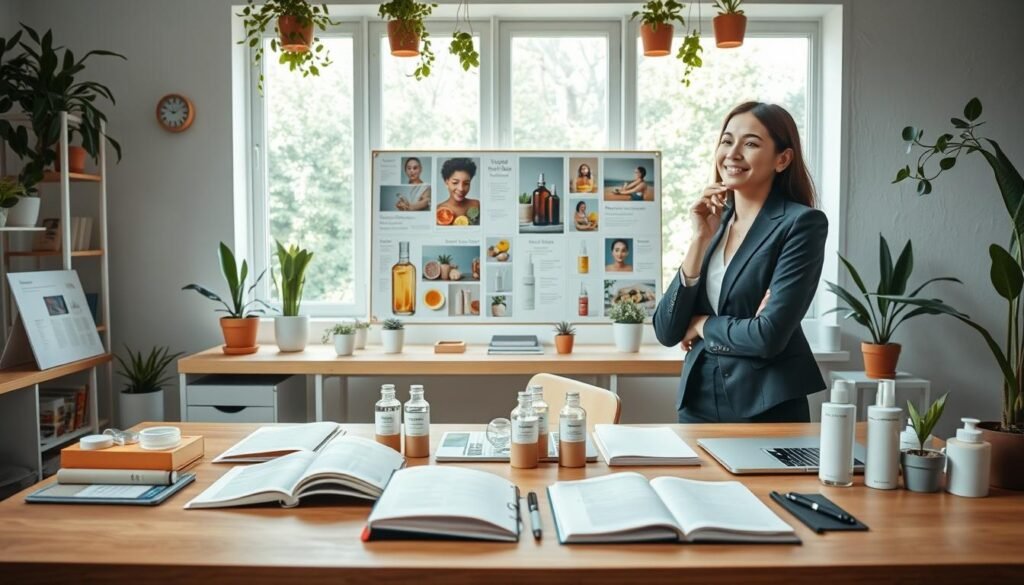 A well-organized workspace showcasing the essential elements for starting a small skincare business. In the foreground, a clean, wooden desk holds open notebooks, a laptop, and samples of skincare products like creams and serums in neat bottles. The middle layer shows an inspiring vision board with images of natural ingredients and product ideas. In the background, soft natural light pours in through a window adorned with potted plants, enhancing a fresh, inviting atmosphere. A person in professional business attire, smiling and thoughtfully considering their next steps, stands beside the desk, embodying determination and creativity. The image conveys a mood of motivation and clarity, perfect for aspiring entrepreneurs.