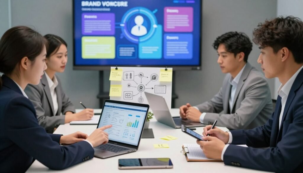 A digital marketing team brainstorming around a modern conference table, featuring diverse professionals in smart business attire. In the foreground, a woman points at a laptop showing social media analytics, while a man takes notes on a tablet. In the middle, sticky notes and sketches about brand communication strategies are displayed, creating a collaborative atmosphere. In the background, a large screen showcases vibrant infographics related to social media brand engagement. Soft but focused lighting accentuates the scene, creating a professional yet inspiring environment. The camera angle captures a dynamic, engaged discussion, emphasizing the importance of effective brand voice and communication in the digital space.