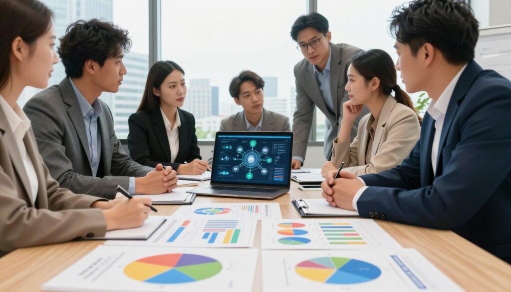 A modern business setting, featuring a diverse group of professionals in professional business attire engaged in discussion around a large conference table. In the foreground, a close-up of brightly colored charts and graphs, indicating strategic planning and analysis. In the middle ground, a sleek laptop displaying a digital business model, with thoughtful expressions on the faces of the individuals, reflecting a collaborative atmosphere. The background showcases a well-lit office environment with large windows providing natural light, and a city skyline view. The overall mood is focused and motivational, emphasizing teamwork and the foundational concepts of a business system. The image has a slightly warm color palette to evoke a sense of optimism and opportunity.